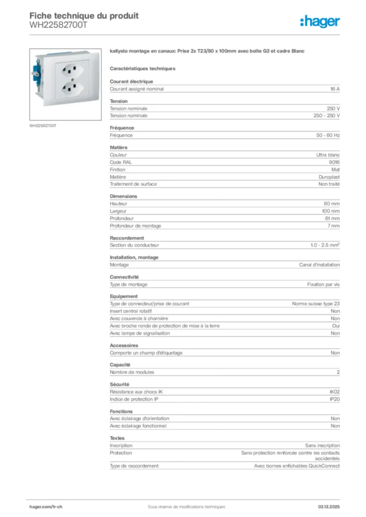 Image Hager Fiche technique du produit WH22582700T | Hager Suisse