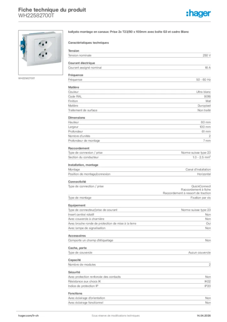 Image Hager Fiche technique du produit WH22582700T | Hager Suisse