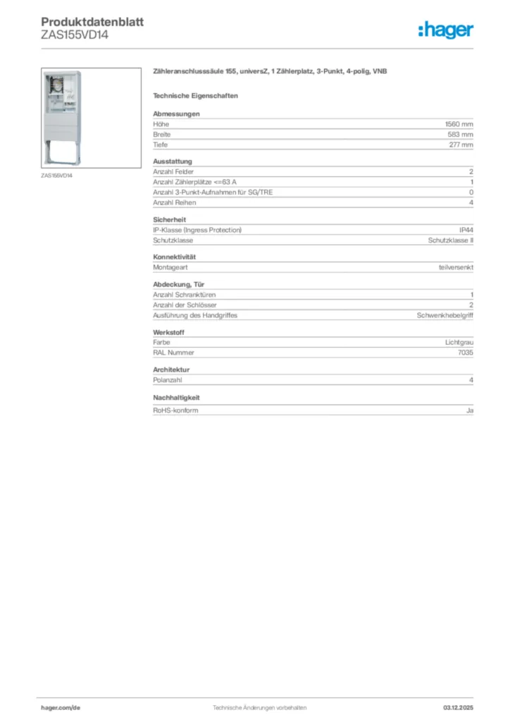 Bild Hager Produktdatenblatt ZAS155VD14 | Hager Deutschland
