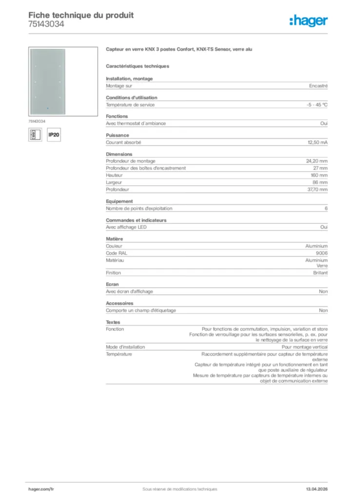 Image Hager Fiche technique du produit 75143034 | Hager France