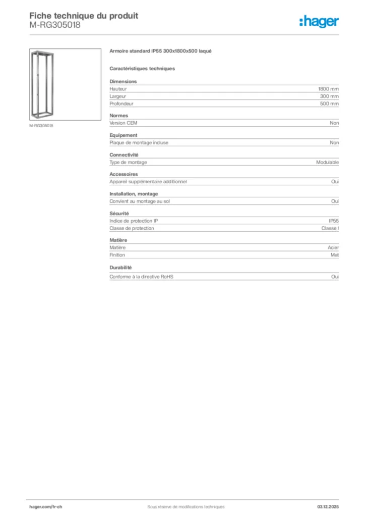 Image Hager Fiche technique du produit M-RG305018 | Hager Suisse