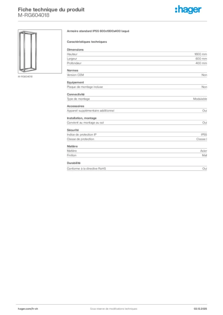 Image Hager Fiche technique du produit M-RG604018 | Hager Suisse