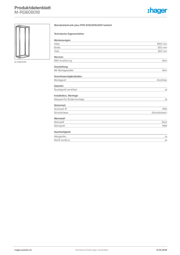 Bild Hager Produktdatenblatt M-RG608018 | Hager Schweiz