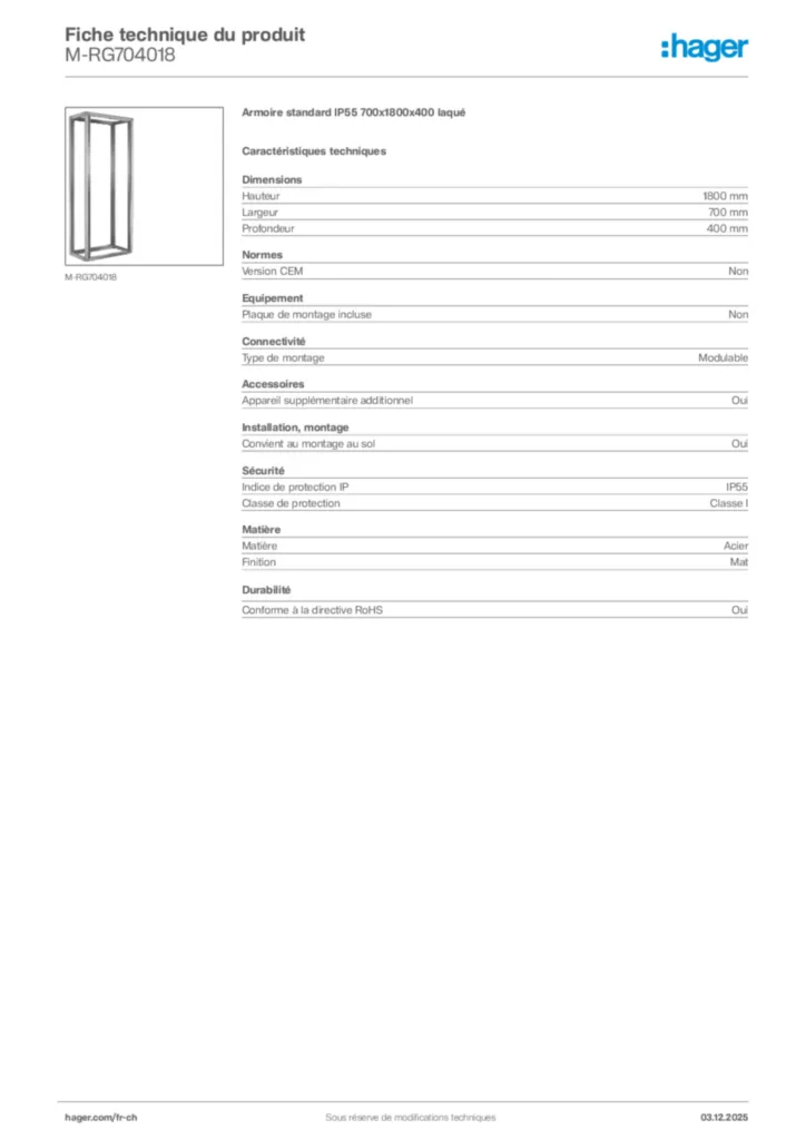 Image Hager Fiche technique du produit M-RG704018 | Hager Suisse
