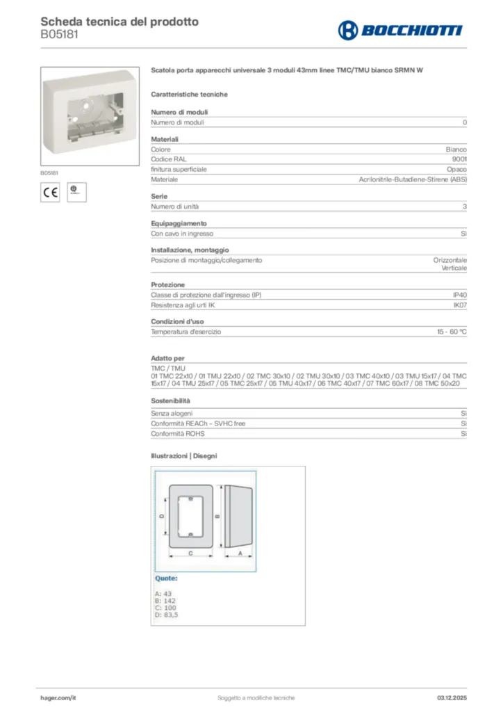 Immagine Bocchiotti Scheda tecnica del prodotto B05181 | Hager Italia