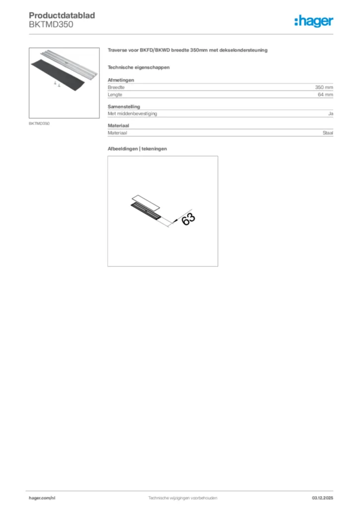 Afbeelding Hager Productdatablad BKTMD350 | Hager Nederland