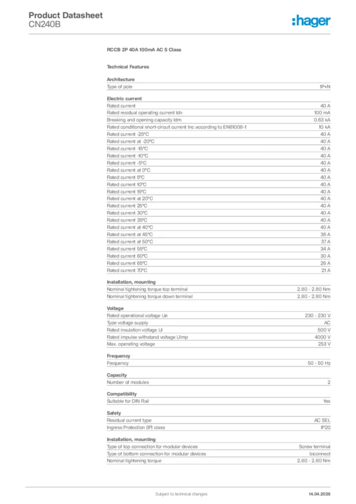 Image Hager Product data sheet CN240B  | Hager Africa