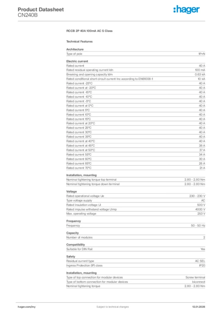 Image Hager Product data sheet CN240B  | Hager