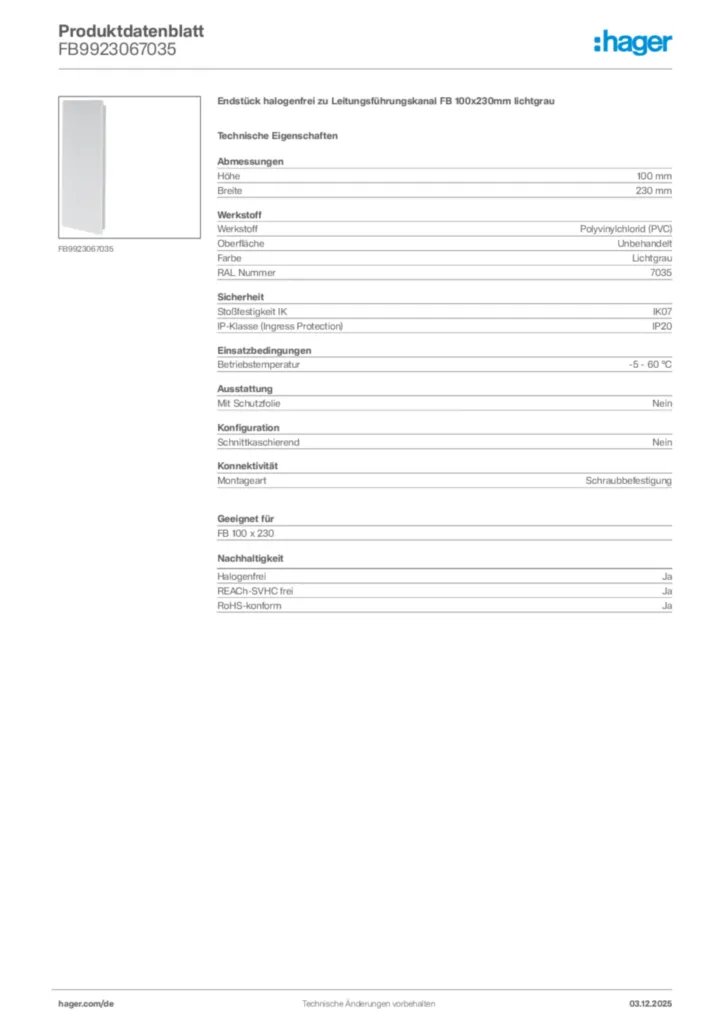 Bild Hager Produktdatenblatt FB9923067035 | Hager Deutschland
