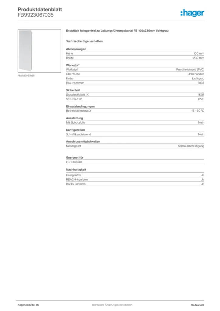 Bild Hager Produktdatenblatt FB9923067035 | Hager Schweiz