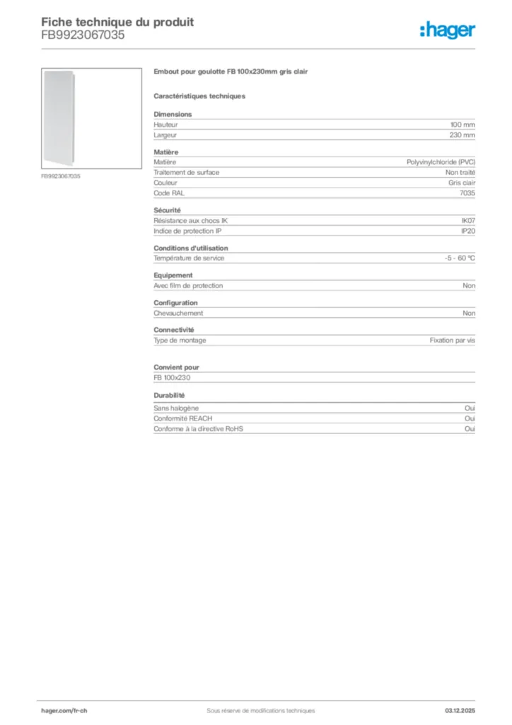 Image Hager Fiche technique du produit FB9923067035 | Hager Suisse