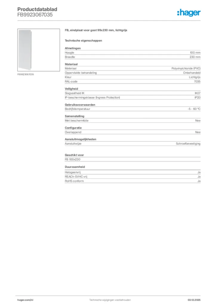 Afbeelding Hager Productdatablad FB9923067035 | Hager Nederland