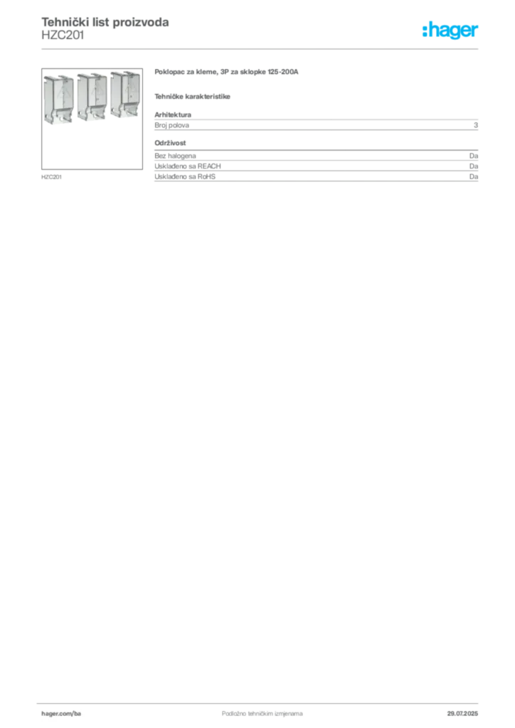 Slika Hager Product data sheet HZC201  | Hager