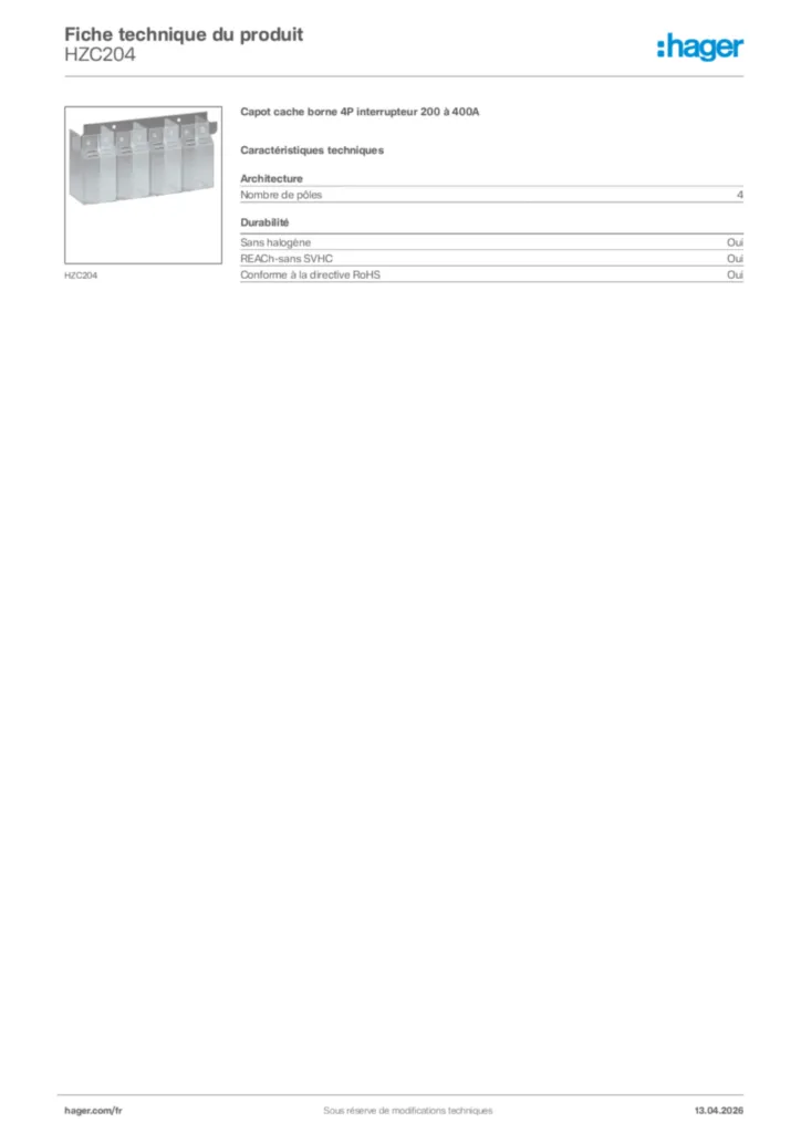 Image Hager Fiche technique du produit HZC204 | Hager France