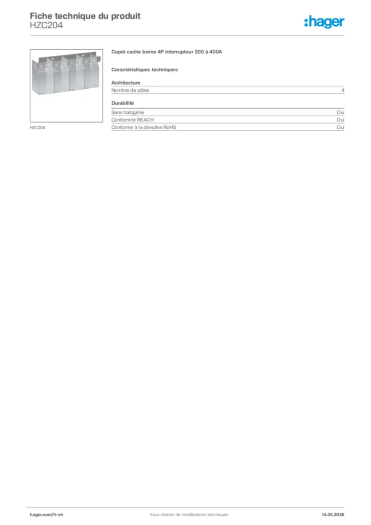 Image Hager Fiche technique du produit HZC204 | Hager Suisse