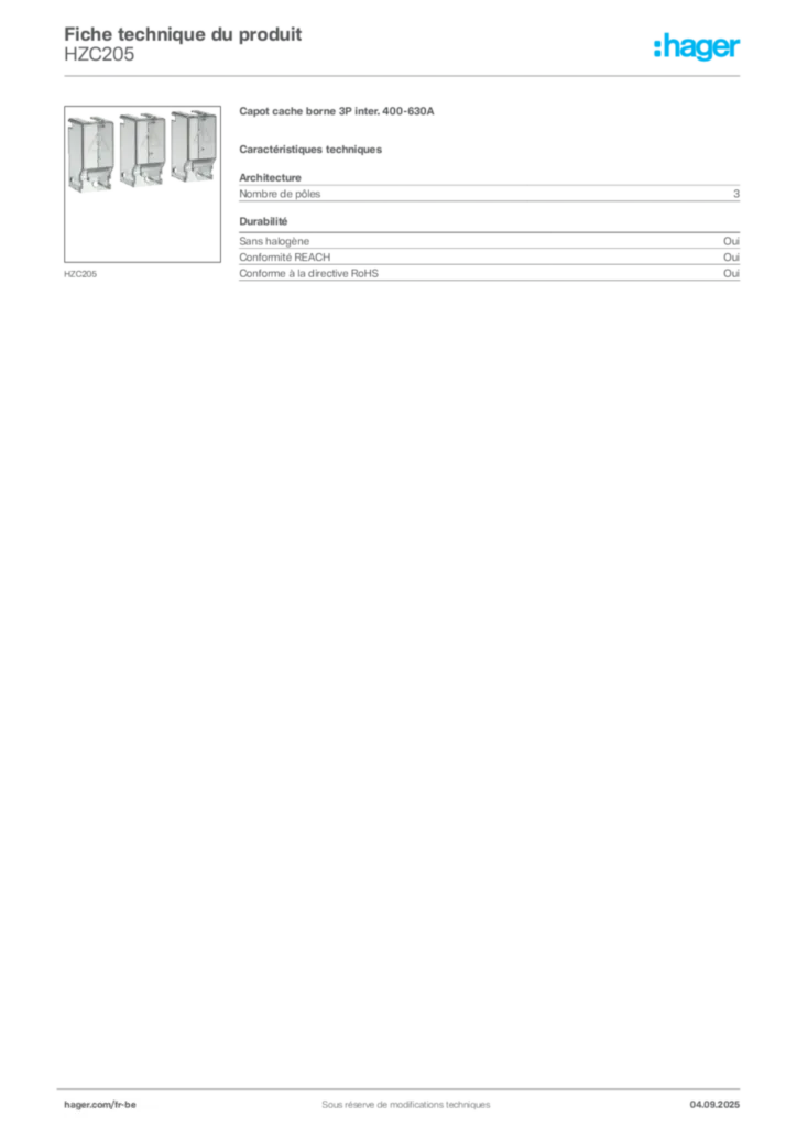 Image Hager Fiche technique du produit HZC205 | Hager Belgique