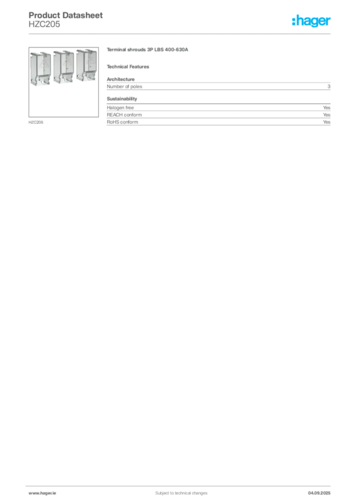 Image Hager Product data sheet HZC205  | Hager