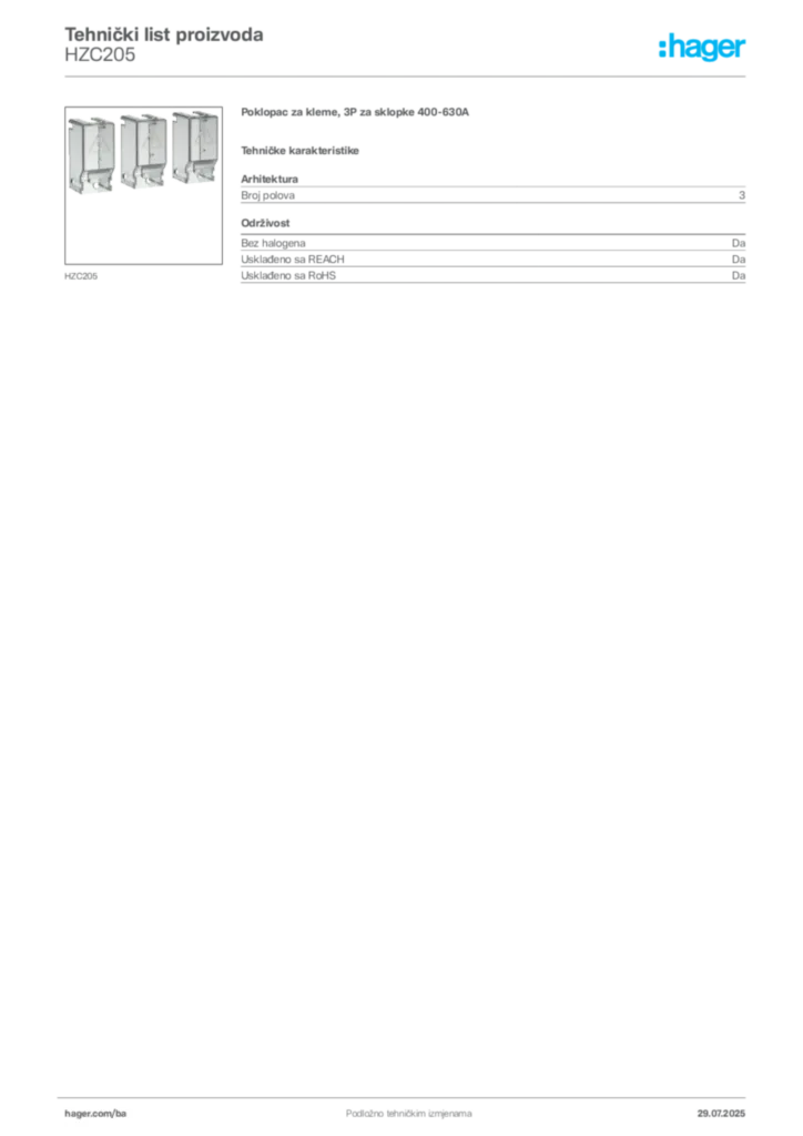 Slika Hager Product data sheet HZC205  | Hager