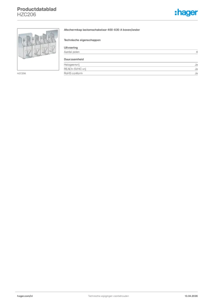 Afbeelding Hager Productdatablad HZC206 | Hager Nederland