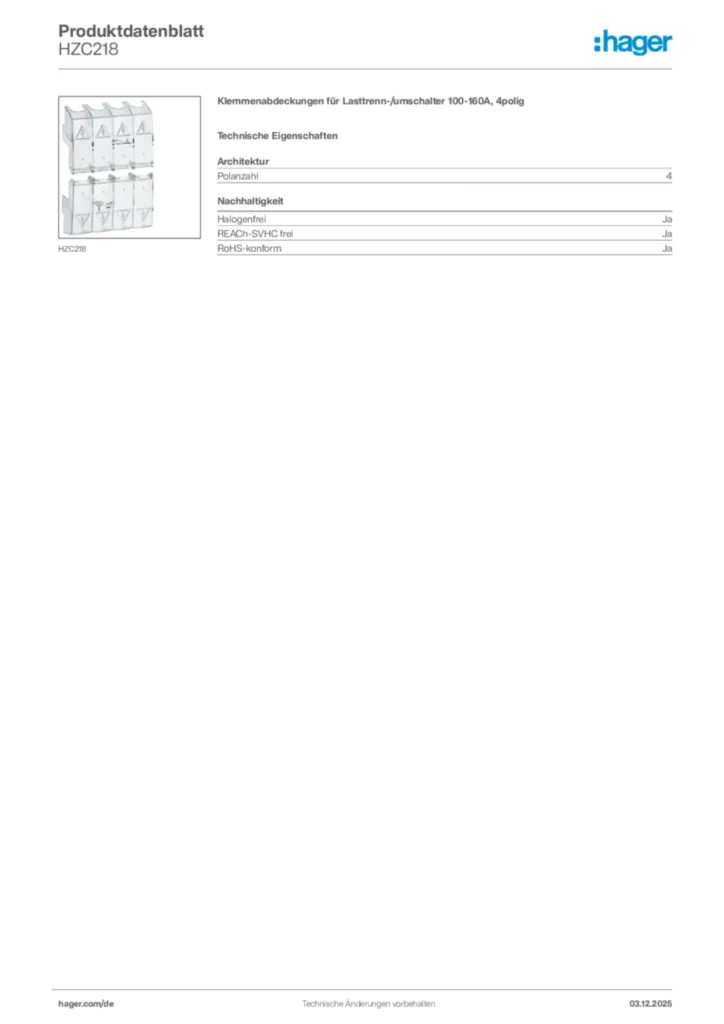 Hager Produktdatenblatt HZC218