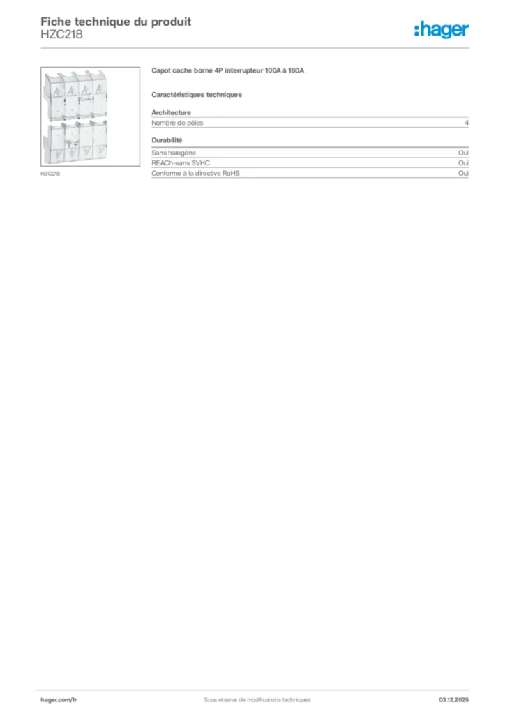 Image Hager Fiche technique du produit HZC218 | Hager France