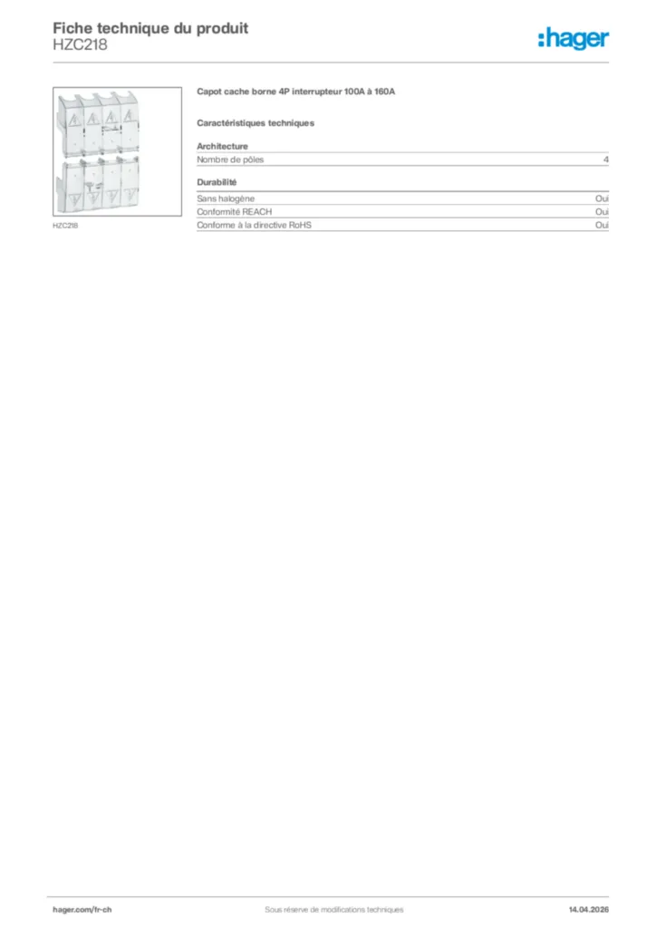 Image Hager Fiche technique du produit HZC218 | Hager Suisse