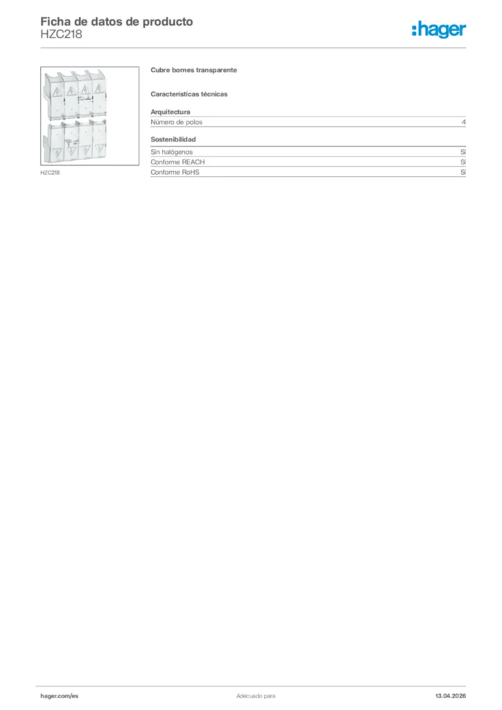 Imagen Hager Ficha de datos de producto HZC218 | Hager España