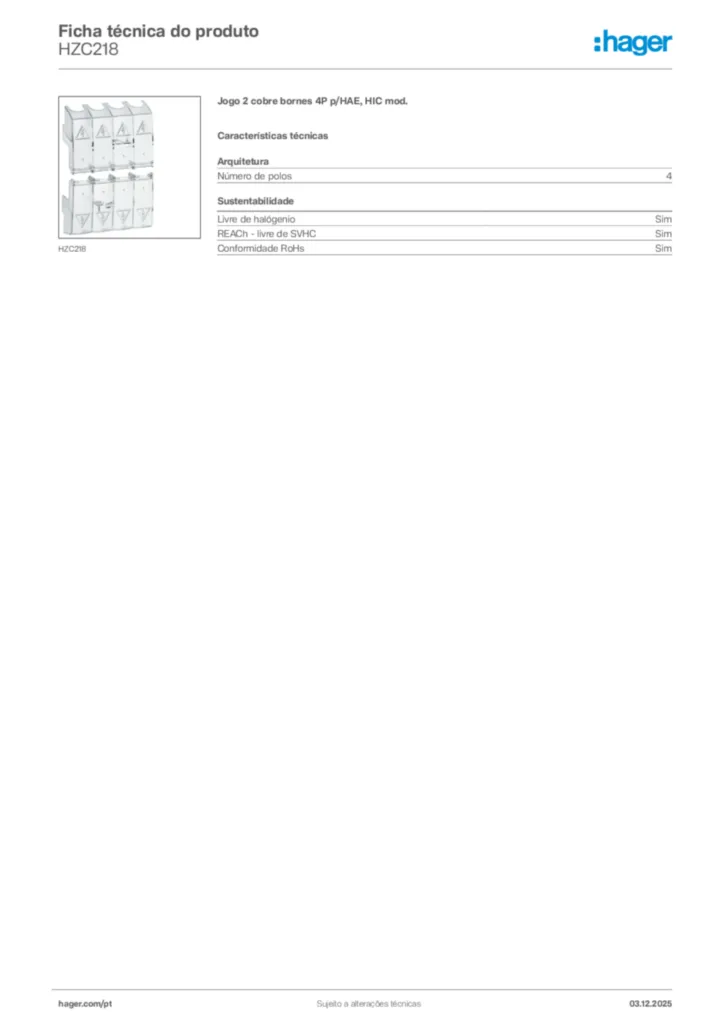Imagem Hager Ficha técnica do produto HZC218 | Hager Portugal