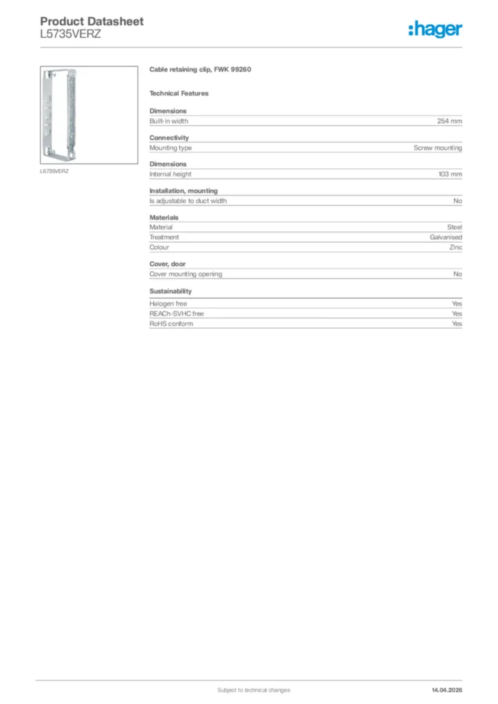 Image Hager Product data sheet L5735VERZ  | Hager Africa
