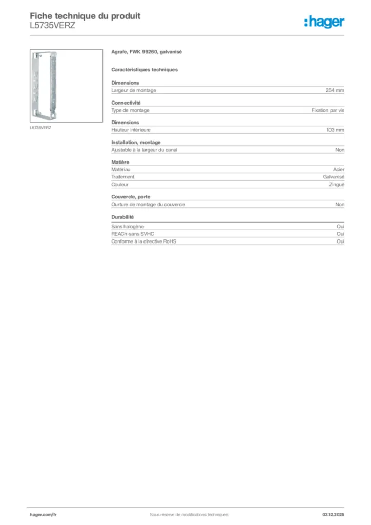 Image Hager Fiche technique du produit L5735VERZ | Hager France