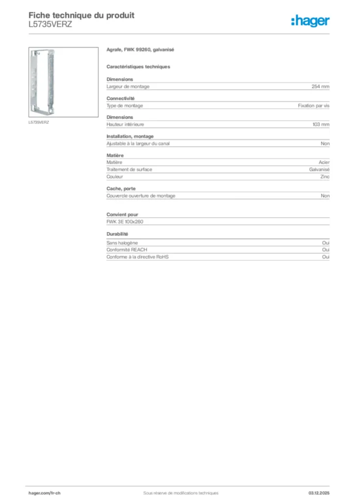 Image Hager Fiche technique du produit L5735VERZ | Hager Suisse