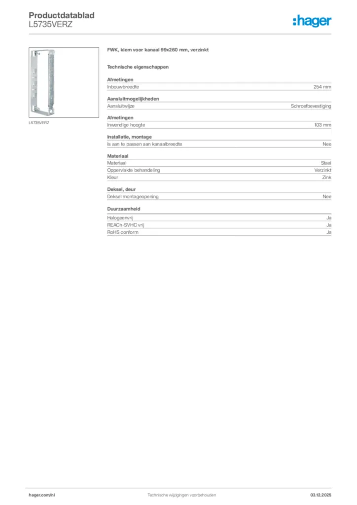 Afbeelding Hager Productdatablad L5735VERZ | Hager Nederland
