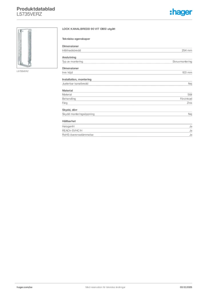 Bild Hager Produktdatablad L5735VERZ | Hager Sverige