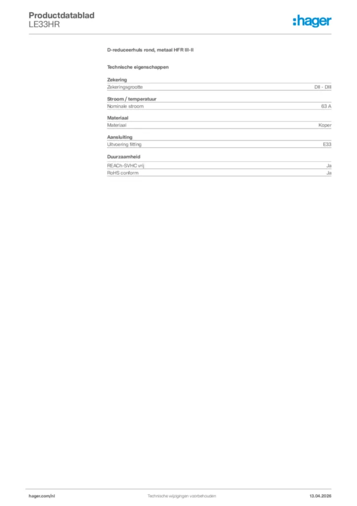 Afbeelding Hager Productdatablad LE33HR | Hager Nederland