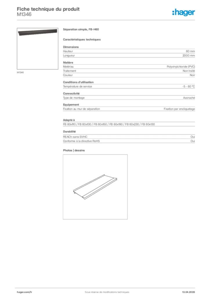 Image Hager Fiche technique du produit M1346 | Hager France