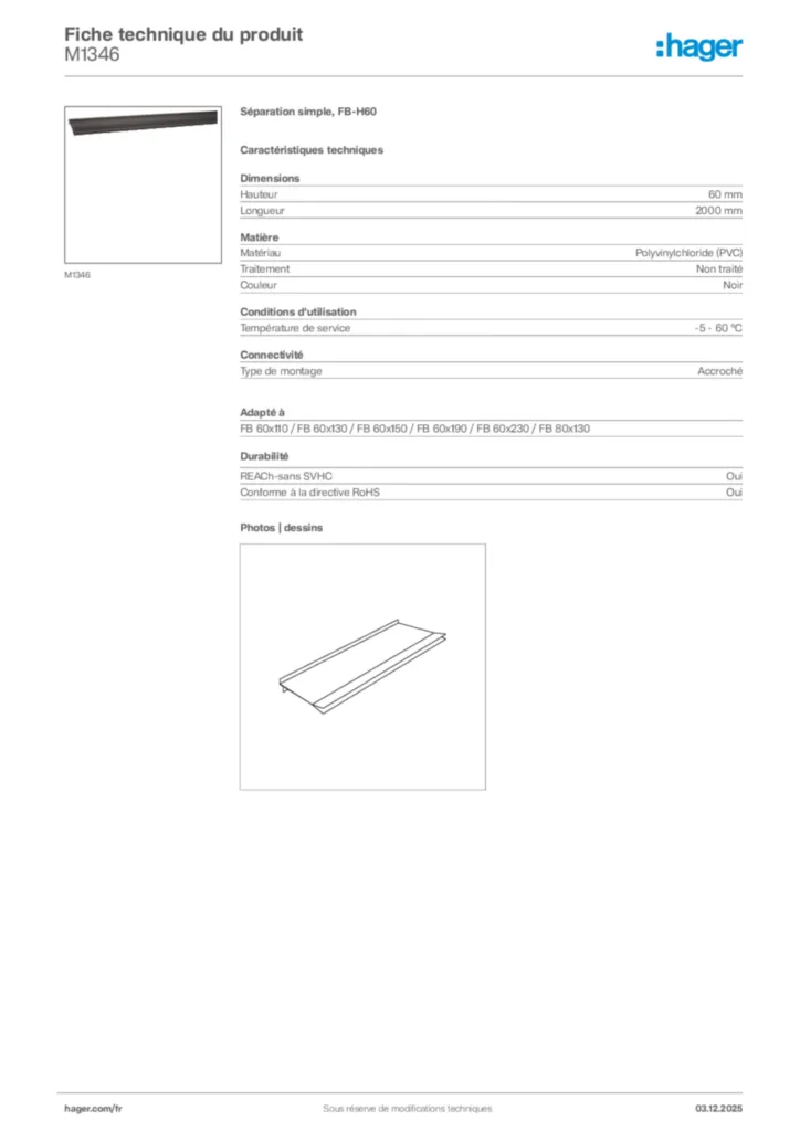 Image Hager Fiche technique du produit M1346 | Hager France