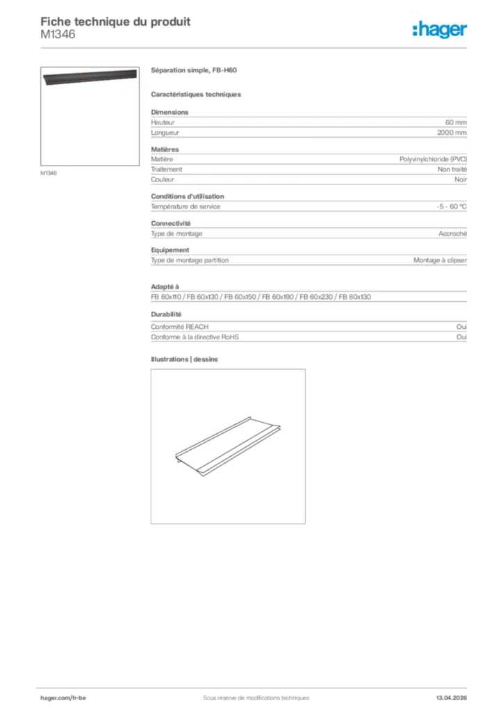Image Hager Fiche technique du produit M1346 | Hager Belgique