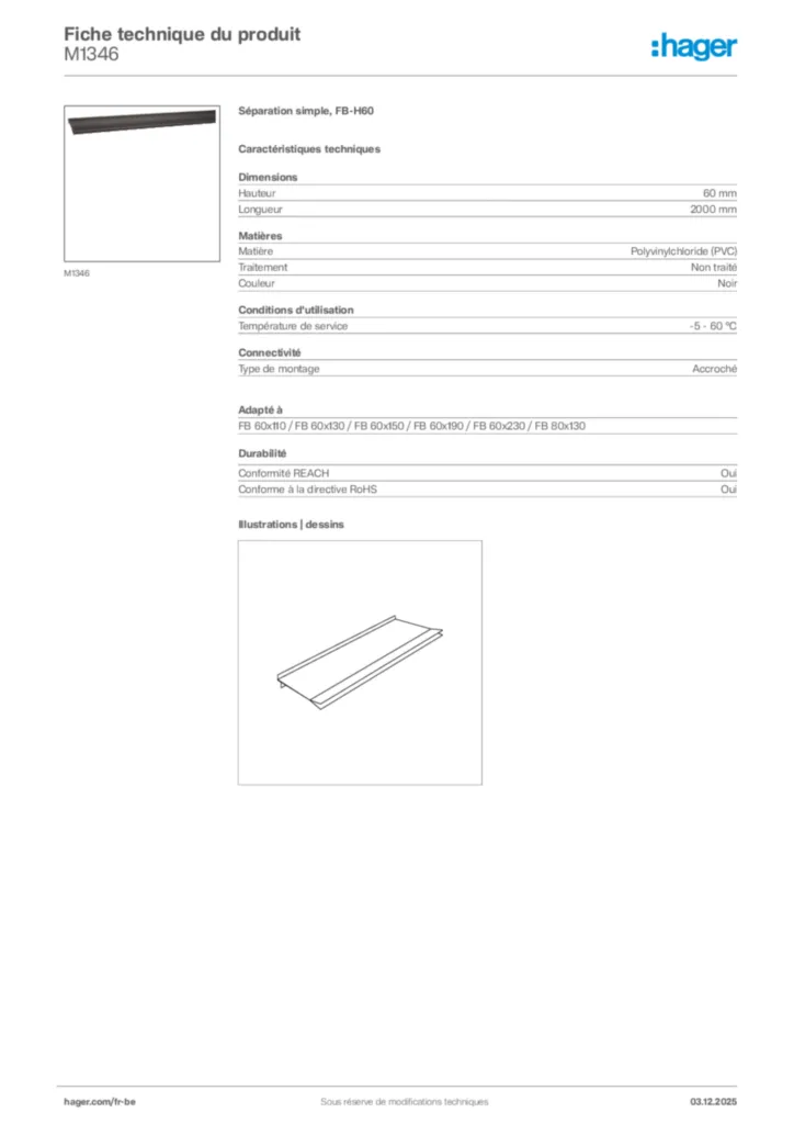 Image Hager Fiche technique du produit M1346 | Hager Belgique