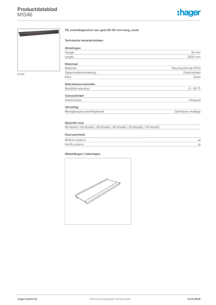 Afbeelding Hager Productdatablad M1346 | Hager Belgium