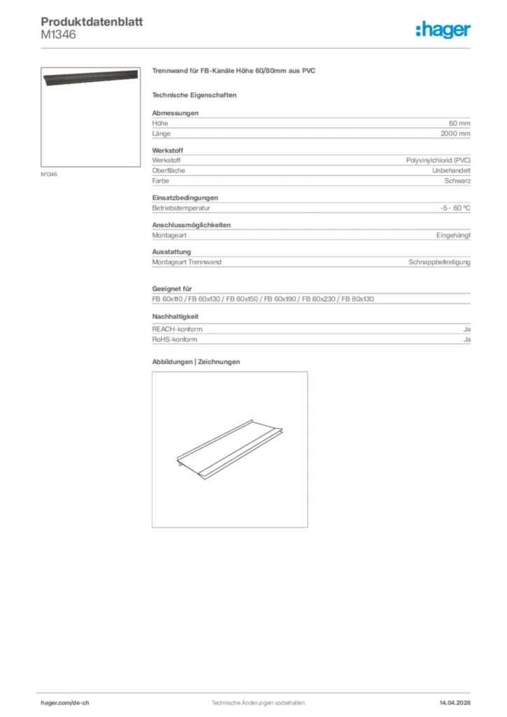 Bild Hager Produktdatenblatt M1346 | Hager Schweiz
