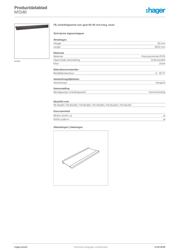 Afbeelding Hager Productdatablad M1346 | Hager Nederland