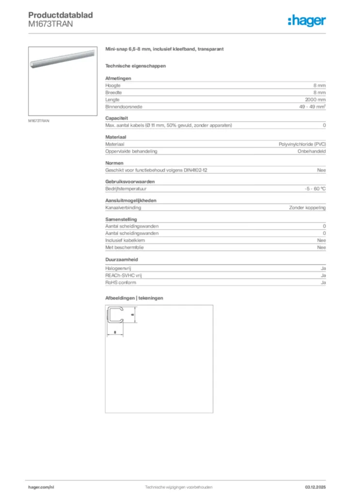 Afbeelding Hager Productdatablad M1673TRAN | Hager Nederland
