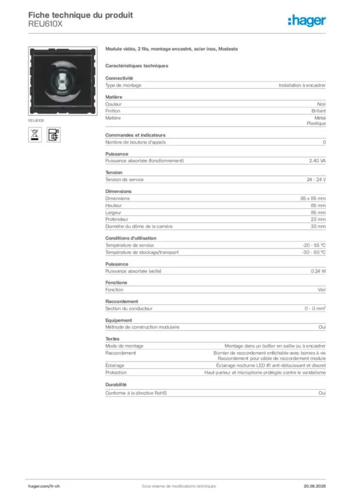 Image Hager Fiche technique du produit REU610X | Hager Suisse