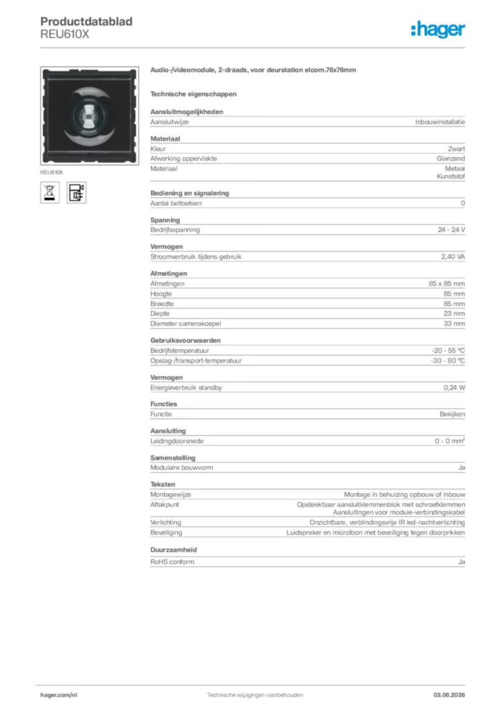 Afbeelding Hager Productdatablad REU610X | Hager Nederland