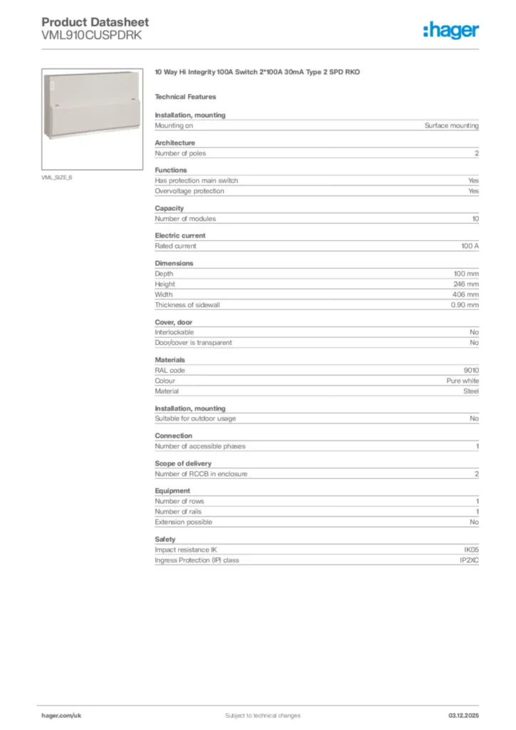 Image Hager Product data sheet VML910CUSPDRK  | Hager