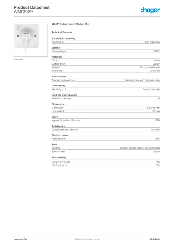 Image Hager Product data sheet WMCS3PF  | Hager