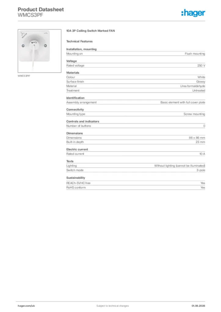 Image Hager Product data sheet WMCS3PF  | Hager