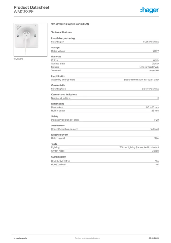 Image Hager Product data sheet WMCS3PF  | Hager