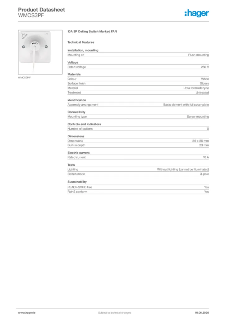 Image Hager Product data sheet WMCS3PF  | Hager