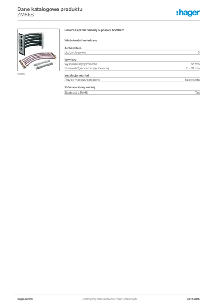 Zdjęcie Hager Karta katalogowa ZM85S | Hager Polska